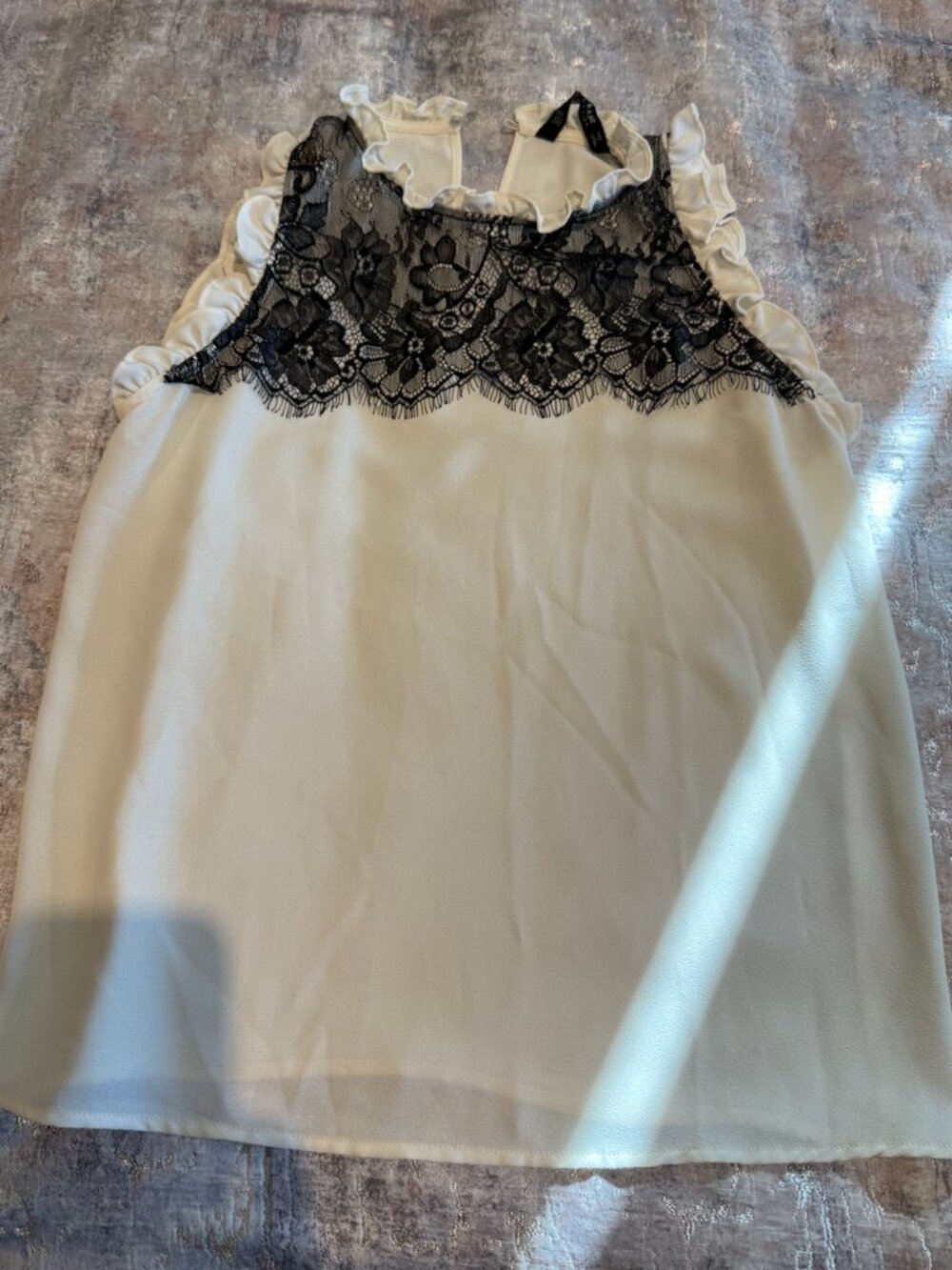Zara Cream Lace Panel Ruffle Trim Cami Top | Black Lace Detail | Coquette | XS